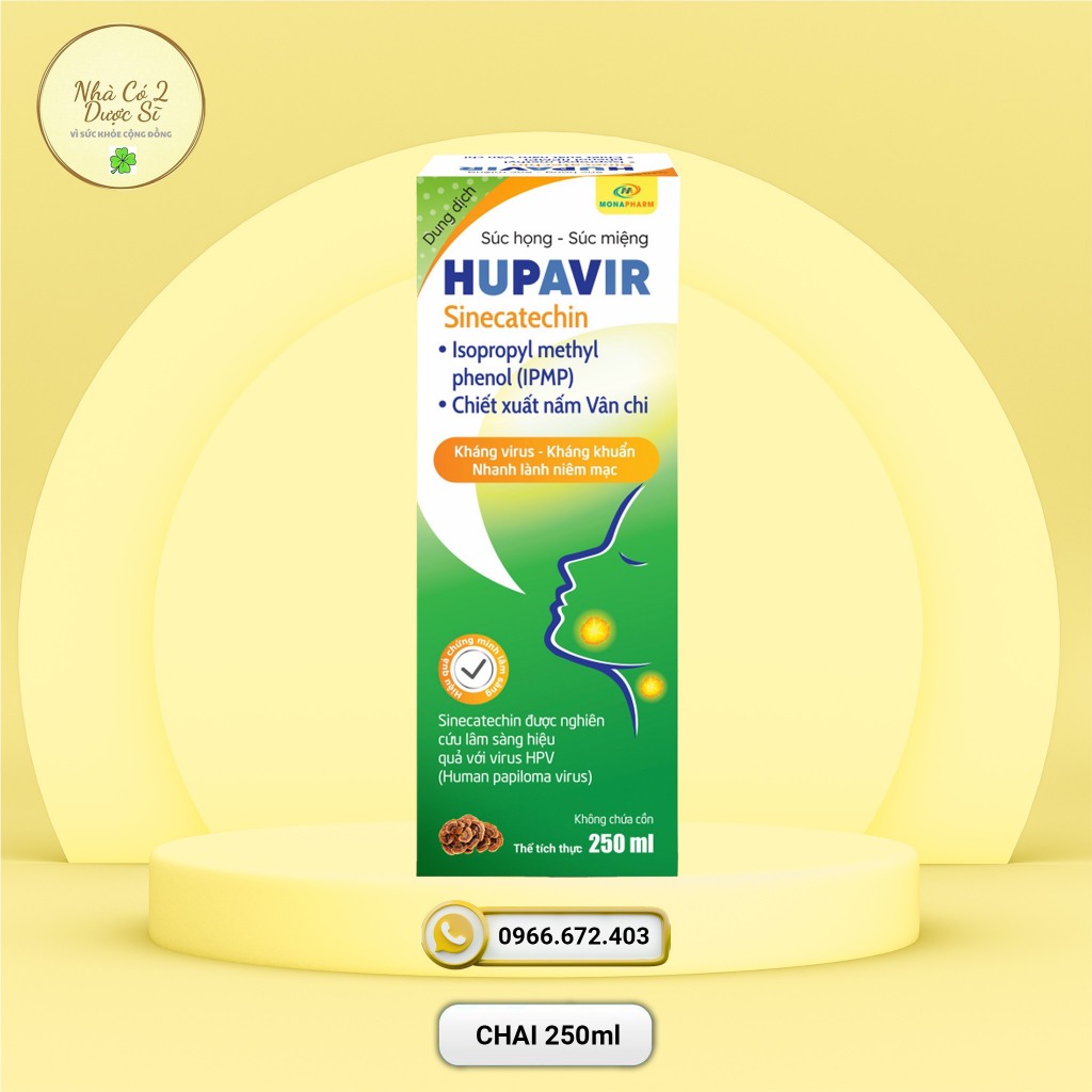 Nước súc miệng súc họng Hupavir 250ml chiết xuất nấm vân chi, trà xanh, lá neem hỗ trợ sùi, hạt lympho cho cả nam và nữ