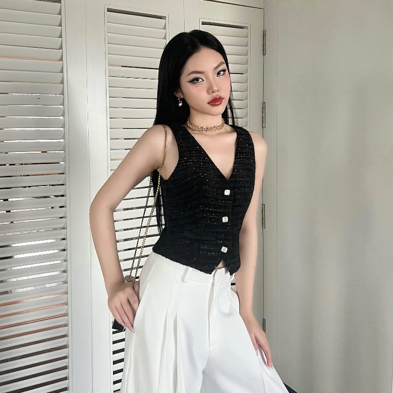 Áo Khoác Tweed Kiểu Nữ Dáng Ngắn Dài Tay & Áo Gile Phối Túi Đính Khuy Bạc Vuông Sang Trọng Đi Làm - Baie Coat & Vest