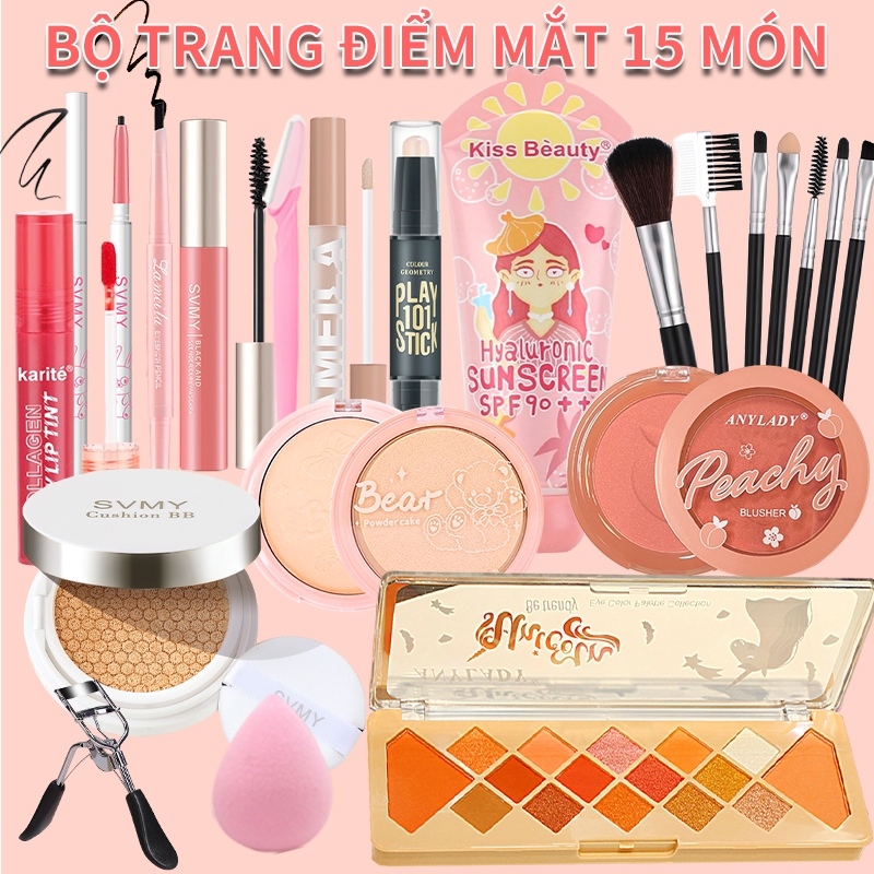 Bộ trang điểm đầy đủ 15 món cơ bản từ set trang điểm cá nhân Kiss Bauty-Bộ chăm sóc sắc đẹp PS-T15-A01