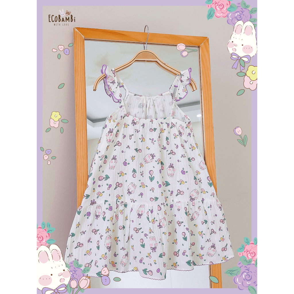 Đầm xoè xô Muslin 2 dây phối cánh tiên in hoạ tiết xinh xắn cho bé gái - BB-23DAMBG034