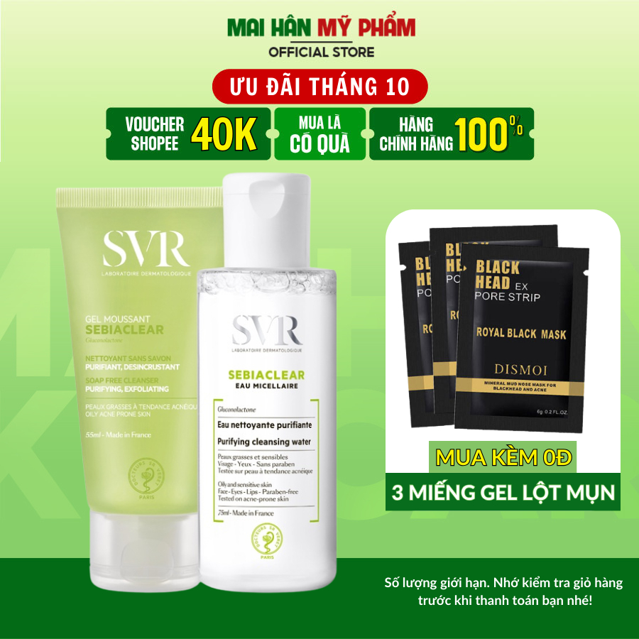 Combo Gel Rửa Mặt SVR SEBIACLEAR Gel Moussant 55ml và Tẩy Trang SEBIACLEAR Eau Micellaire Cho Da Dầu Mụn 75ml