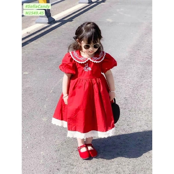 Đầm ngắn tay cho bé thêu đỏ phối cổ M1549 Sofia