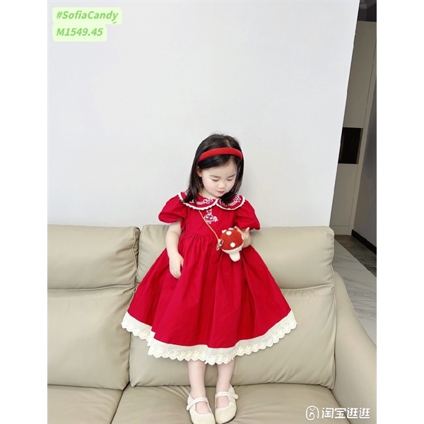 Đầm ngắn tay cho bé thêu đỏ phối cổ M1549 Sofia