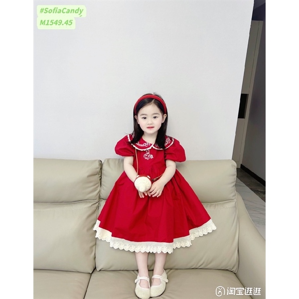Đầm ngắn tay cho bé thêu đỏ phối cổ M1549 Sofia