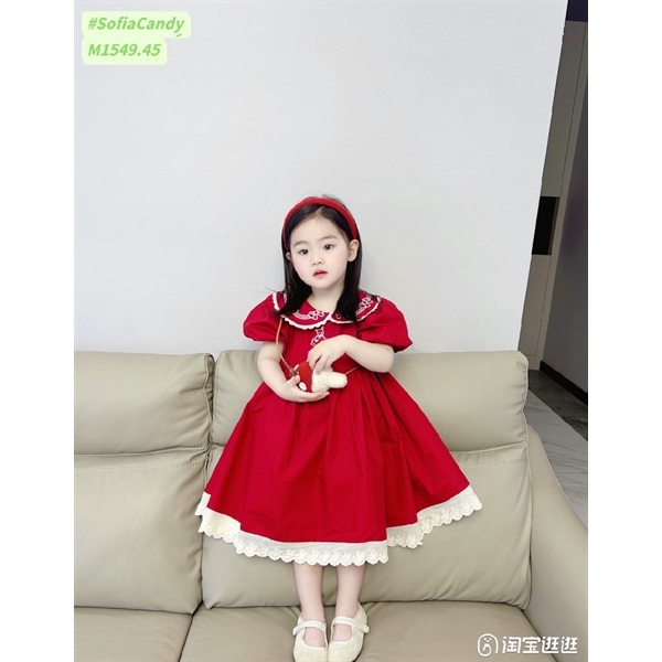 Đầm ngắn tay cho bé thêu đỏ phối cổ M1549 Sofia