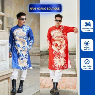 [Giao 2h HCM] Áo dài nam cách tân in họa tiết rồng chất liệu lụa chéo Hàn cao cấp - Áo Dài Nam Hoàng
