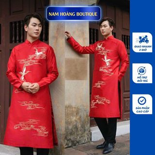[Giao 2h HCM] Áo dài cách tân nam màu đỏ nổi bật cùng họa tiết thêu đẹp mắt - Áo Dài Tết Nam Hoàng