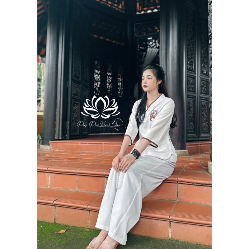 Set Bộ Pháp Phục Thêu Tâm Lá Bồ Đề - Bộ Lam Đi Chùa Đơn Giản