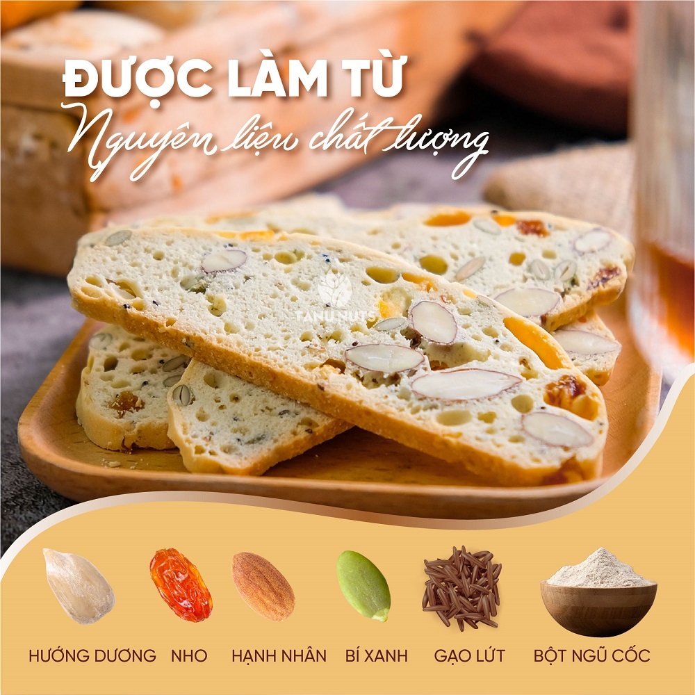 Bánh biscotti ăn kiêng TANU NUTS túi 250g, bánh ngũ cốc mix hạt dinh dưỡng tốt cho gym, yoga.