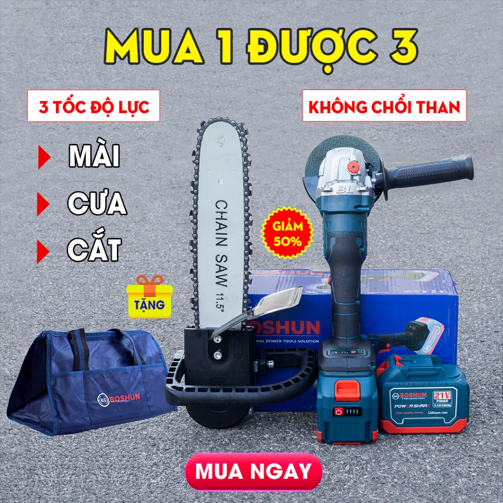 Máy Mài Pin Boshun BS-AG100BL Công Tắc Bóp, Không Chổi Than, Motor Ruột Đồng 100%, Chân Pin Phổ Thông Bảo Hành 12 Tháng