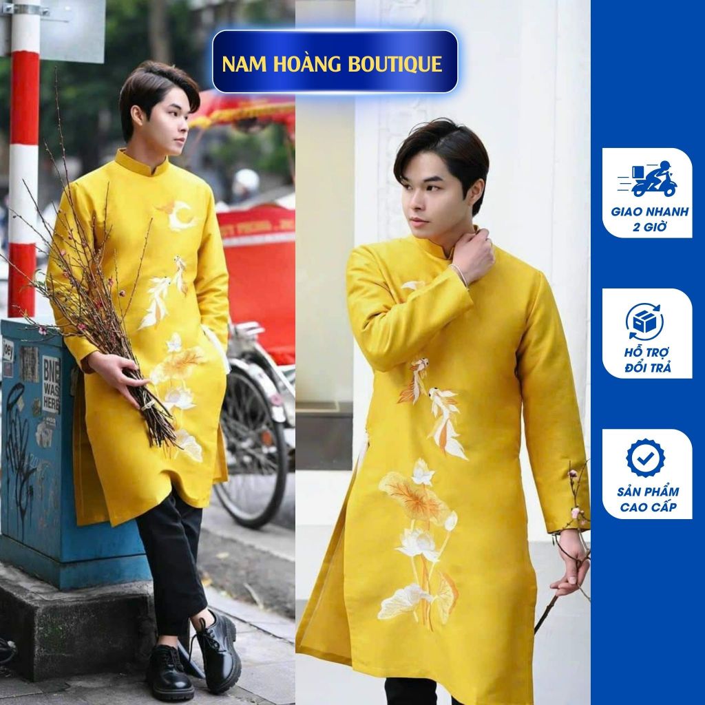 Áo dài nam thiết kế màu vàng chất tafta thêu cá vàng nổi bật - Áo Dài Tết Nam Hoàng - NH02