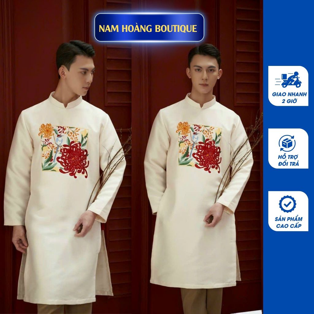 Áo dài nam thiết kế cao cấp chất vải tafta chuẩn phom dáng thêu hoa nổi ấn tượng - Áo Dài Nam Hoàng - NH01