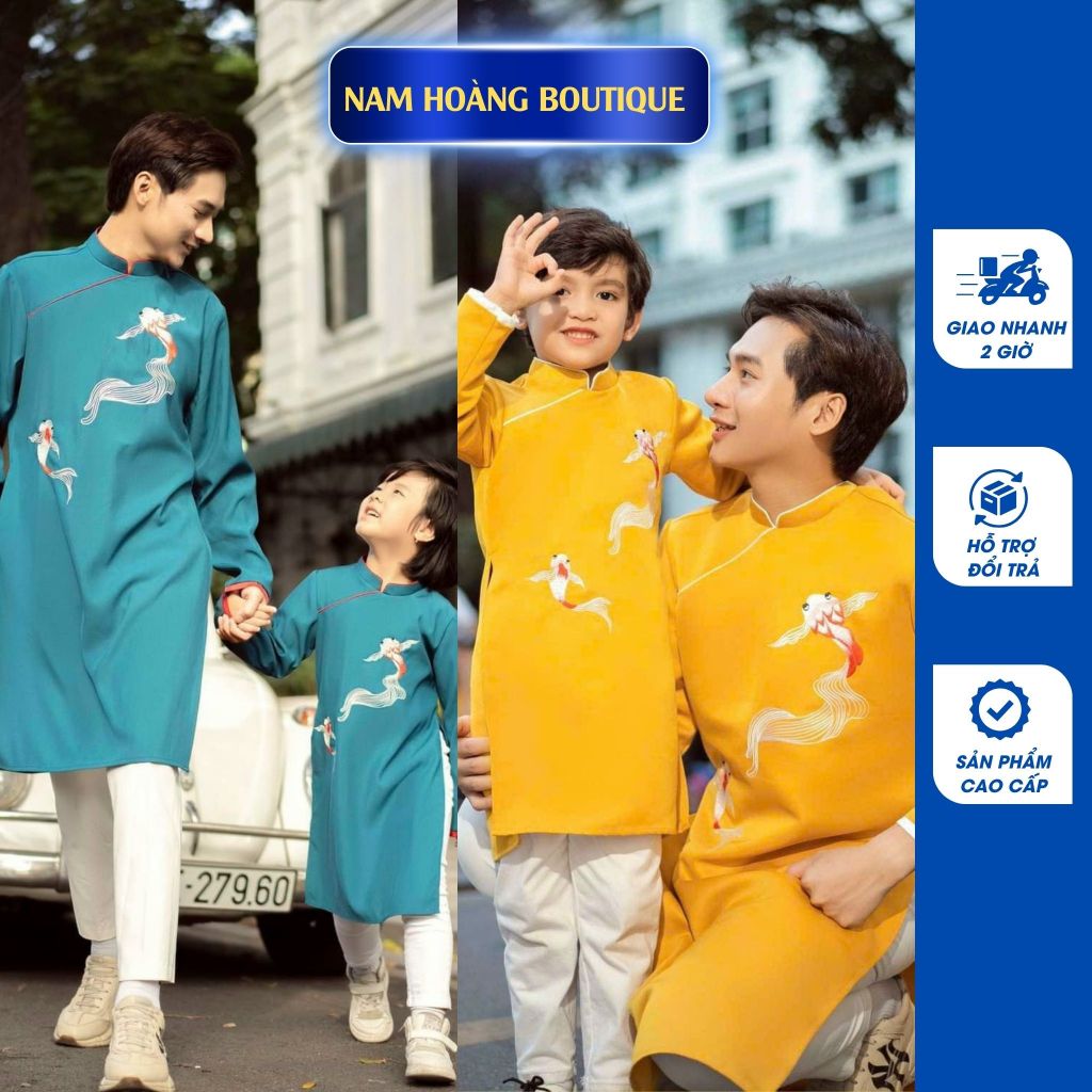 Áo dài cách tân nam, áo dài cho ba và con trai chất tafta thêu họa tiết 3D cao cấp