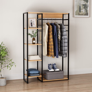 Giá kệ treo quần áo thiết kế khung sắt kết hợp kệ gỗ decor phỏng ngủ GM08