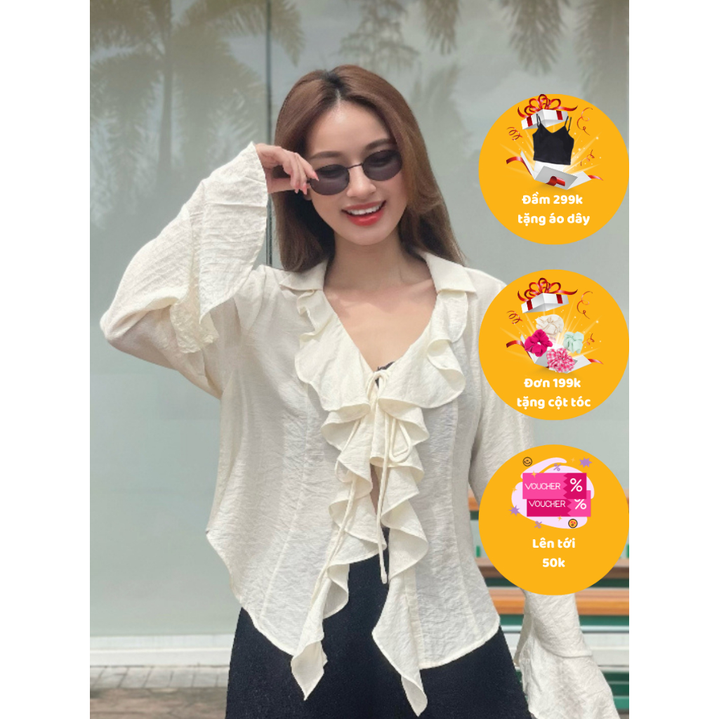 Áo kiểu tay lở cổ gợn sóng 2 lớp, có lá cổ phong cách nữ tính GA4432
