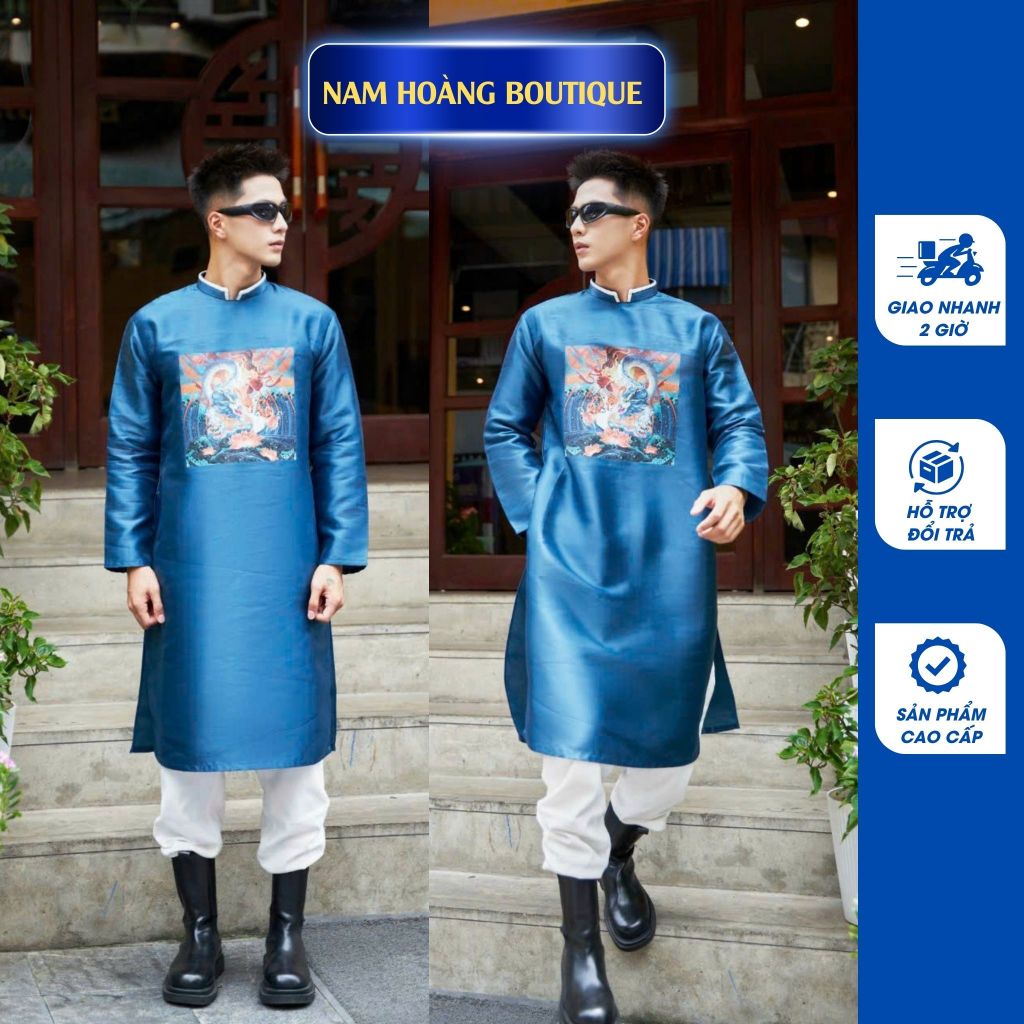 Áo dài nam cách tân thiết kế trên nền vải tafta siêu đẹp và sang màu xanh - NH09