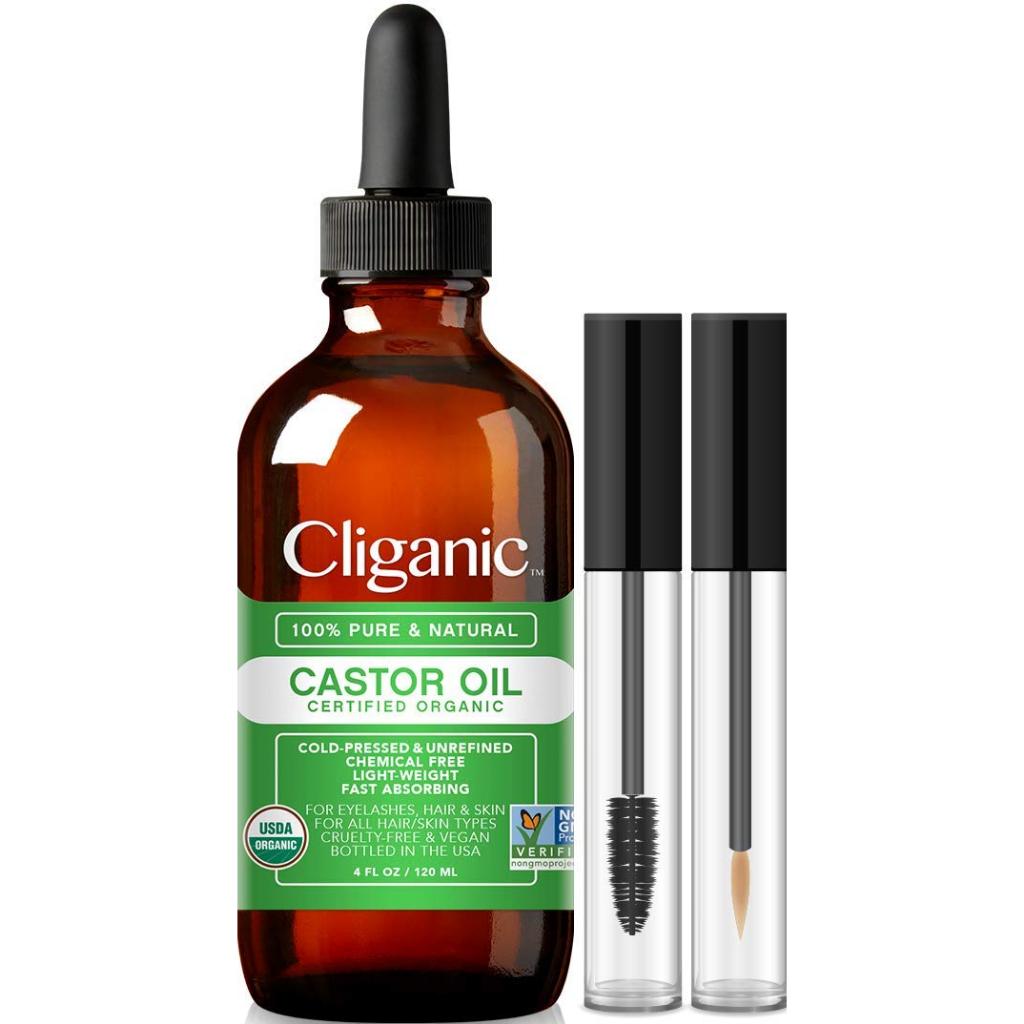 Dầu thầu dầu hữu cơ Castor Oil Cliganic nguyên chất 100% dành cho da, tóc, lông mi, lông mày chai 120ml