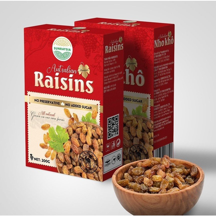 Nho khô Úc cao cấp Sunraysia 200 gram, nho dẻo, không đường, ngọt vừa, date 2025