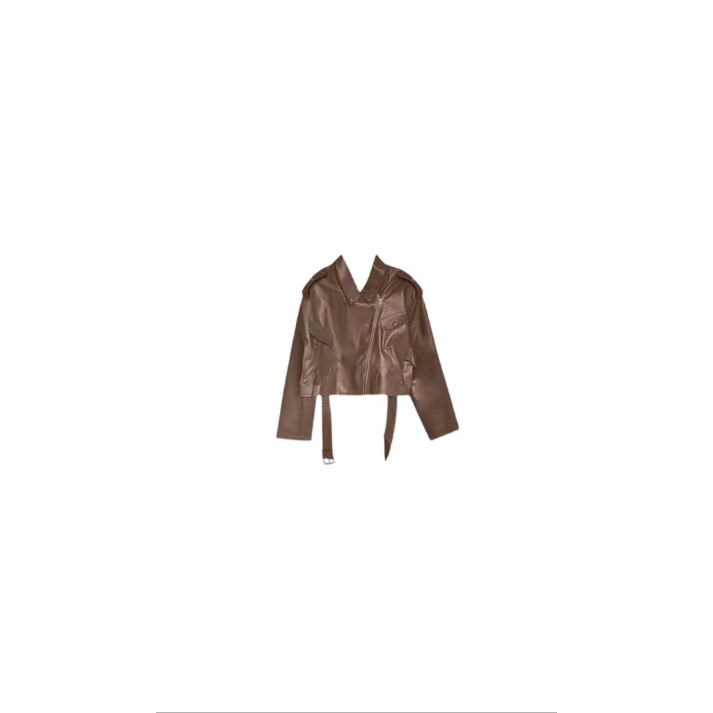 (SẴN) Áo khoác croptop JACKET da màu nâu thiết kế khóa zip chéo có kèm dây lưng phong cách cá tính - Tiktik