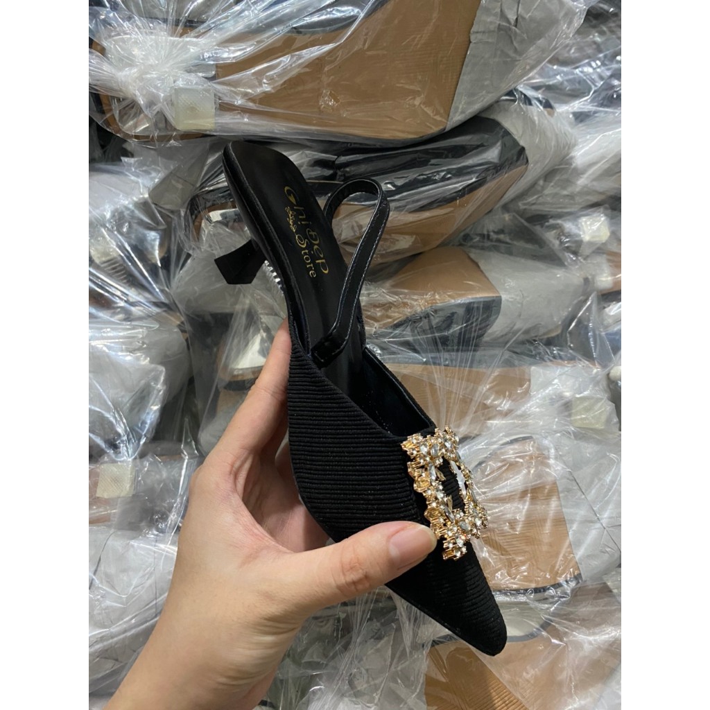 Giày cao gót bít mũi đính đá vàng Chị Đẹp Store, Sandal cao gót nữ 3 phân mã CD88