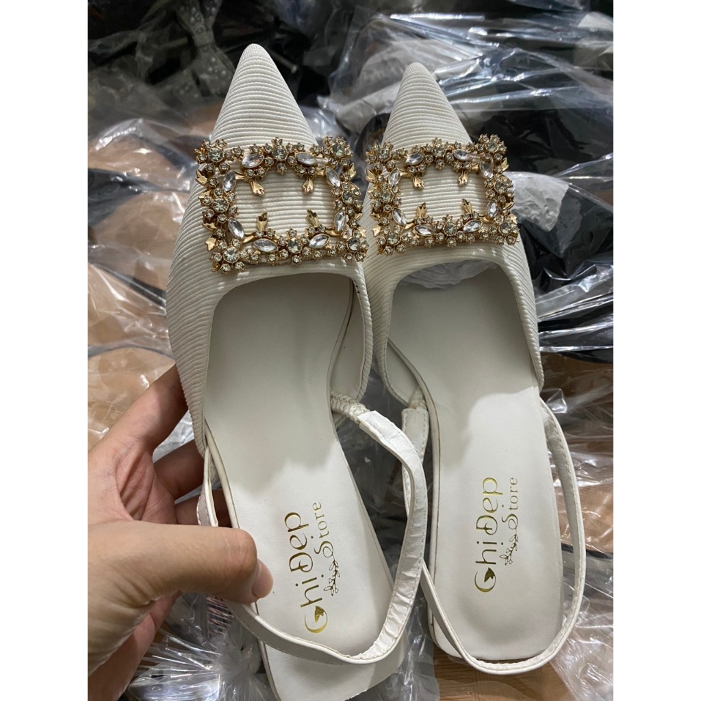 Giày cao gót bít mũi đính đá vàng Chị Đẹp Store, Sandal cao gót nữ 3 phân mã CD88