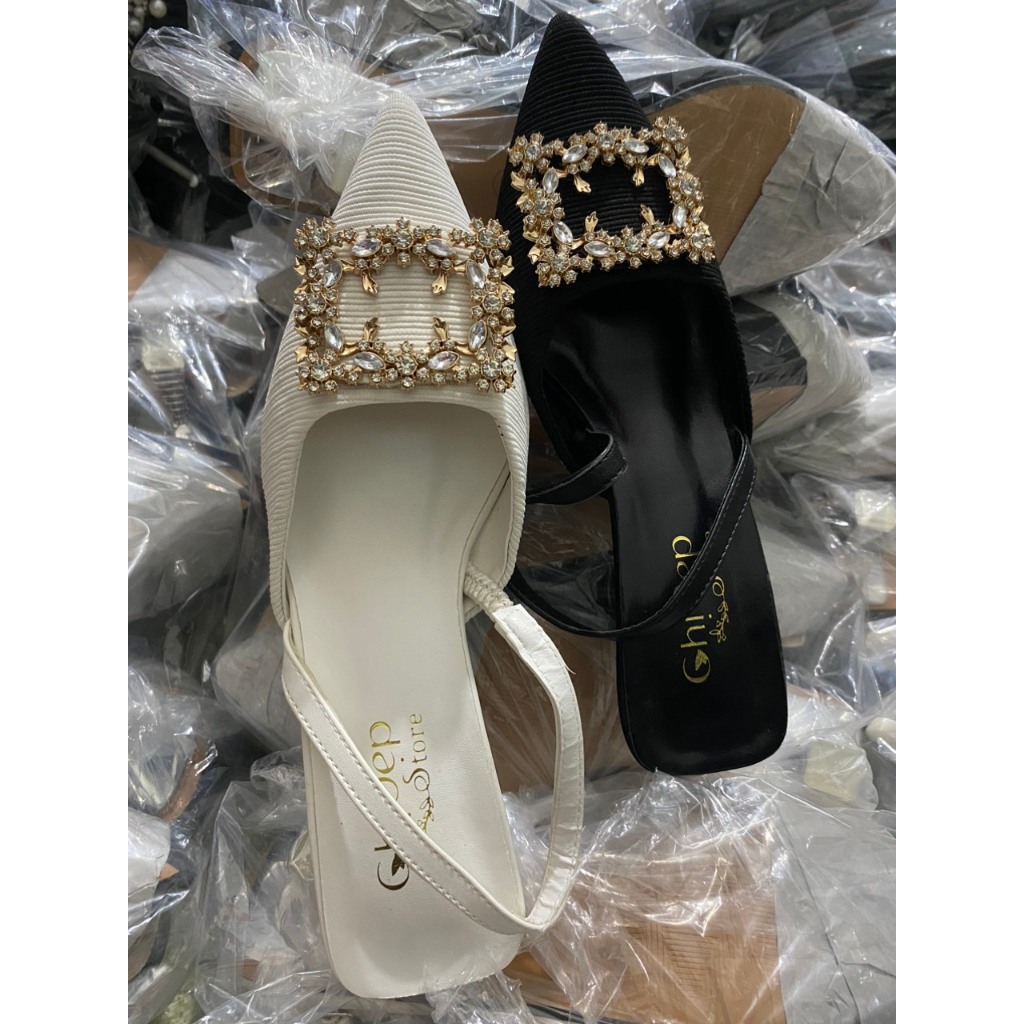 Giày cao gót bít mũi đính đá vàng Chị Đẹp Store, Sandal cao gót nữ 3 phân mã CD88