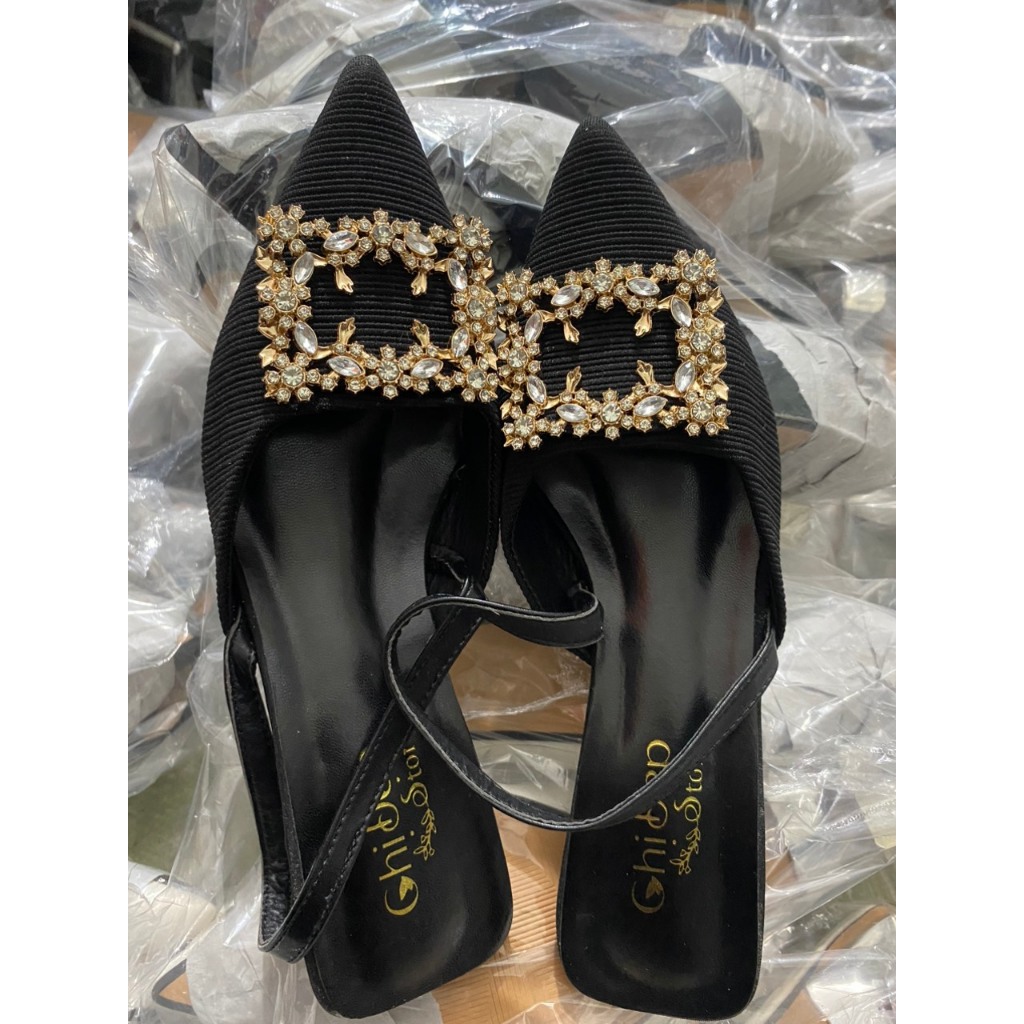 Giày cao gót bít mũi đính đá vàng Chị Đẹp Store, Sandal cao gót nữ 3 phân mã CD88