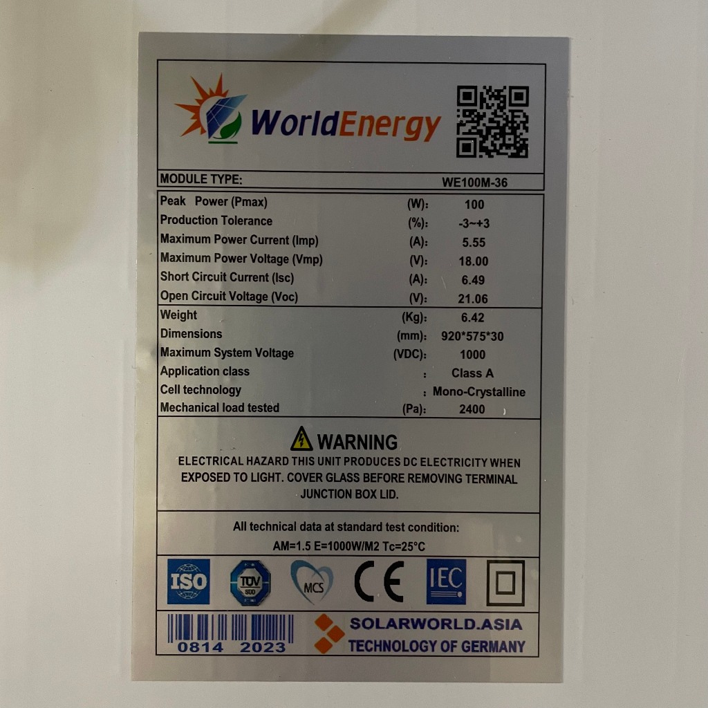 Pin năng lượng mặt trời mono 100w/18v WorldEnergy - tặng 1 cặp jack mc4 đơn