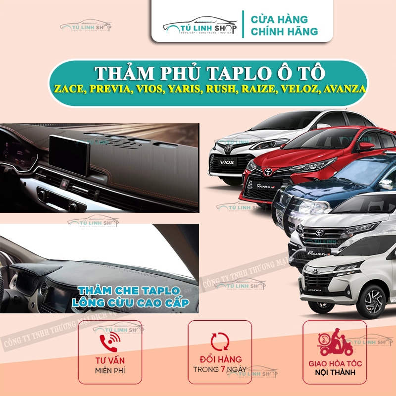 Thảm taplo Toyota Zace, Vios, Yaris, Rush, Raize, Veloz, Avanza, Previa chính hãng MINCAR hoặc bằng Nhung, Da vân cacbon