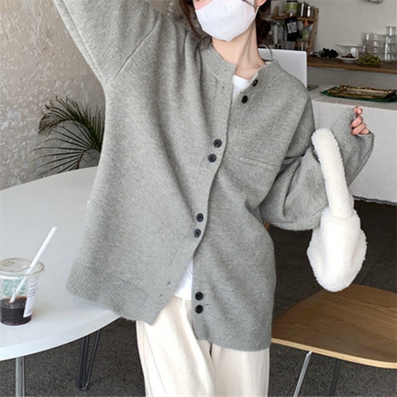 Áo cardigan len mịn chất mềm form rộng dáng trơn basic 2 màu kem xám cúc đôi bo viền hàn quốc DELIZ