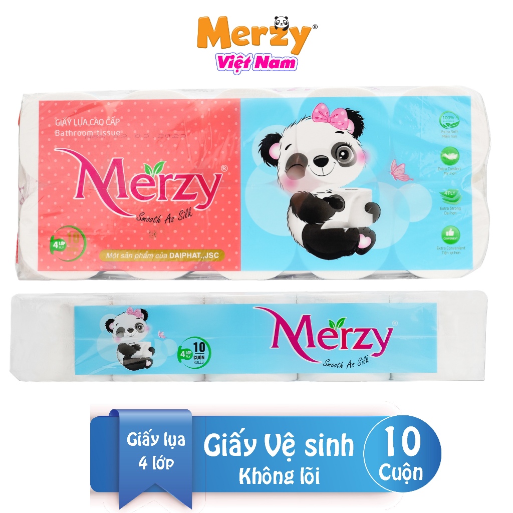 Giấy vệ sinh Merzy 10 cuộn, giấy lụa 4 lớp mềm mại tan nhanh trong nước