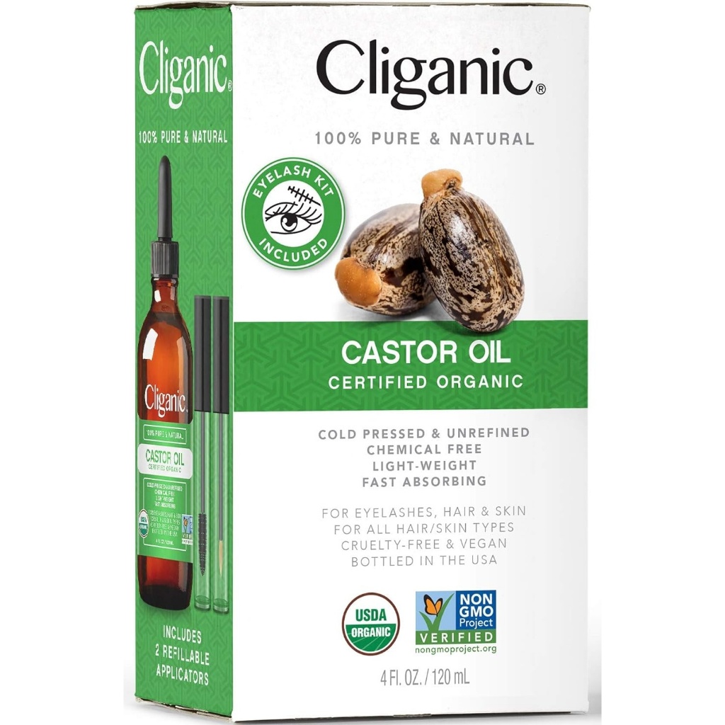 Dầu thầu dầu hữu cơ Castor Oil Cliganic nguyên chất 100% dành cho da, tóc, lông mi, lông mày chai 120ml