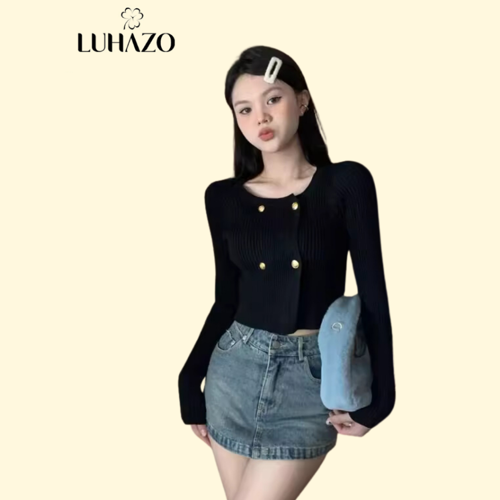 Áo khoác len cardigan dài tay cho nữ LUHAZO phong cách Hàn Quốc dáng ngắn croptop đính cúc giữa nhiều màu sắc M67 B2-24