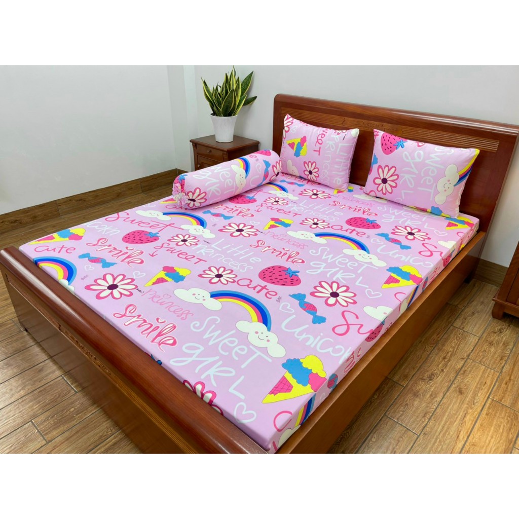 Bộ ga thun 3D, cây kem đủ màu, co giãn không xù không nhăn, mát mịn