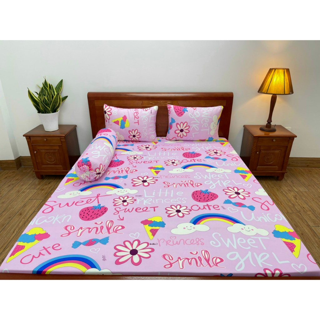 Bộ ga thun 3D, cây kem đủ màu, co giãn không xù không nhăn, mát mịn