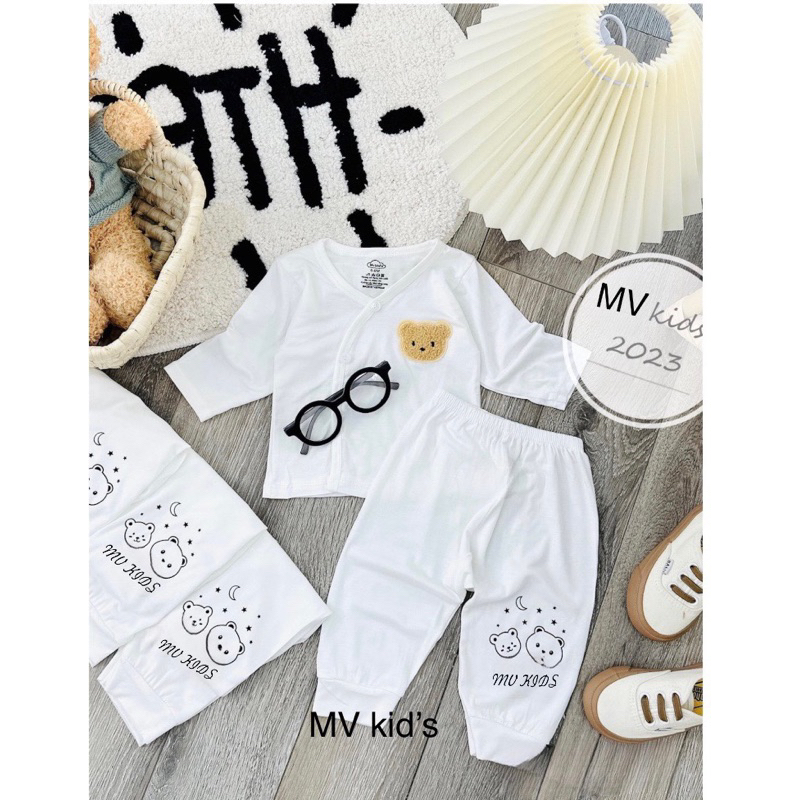 Bộ thun lạnh dài tay cho bé sơ sinh Bộ khuy chéo bé trai bé gái gấu nâu