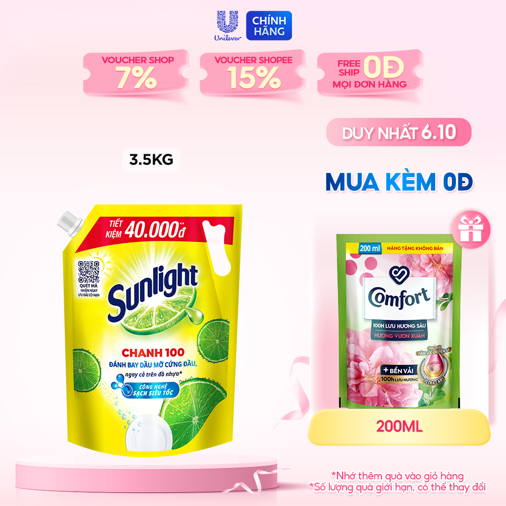 Nước rửa chén Sunlight chanh 100 mới đánh bay dầu mỡ cứng đầu túi 2.6kg/3.5kg