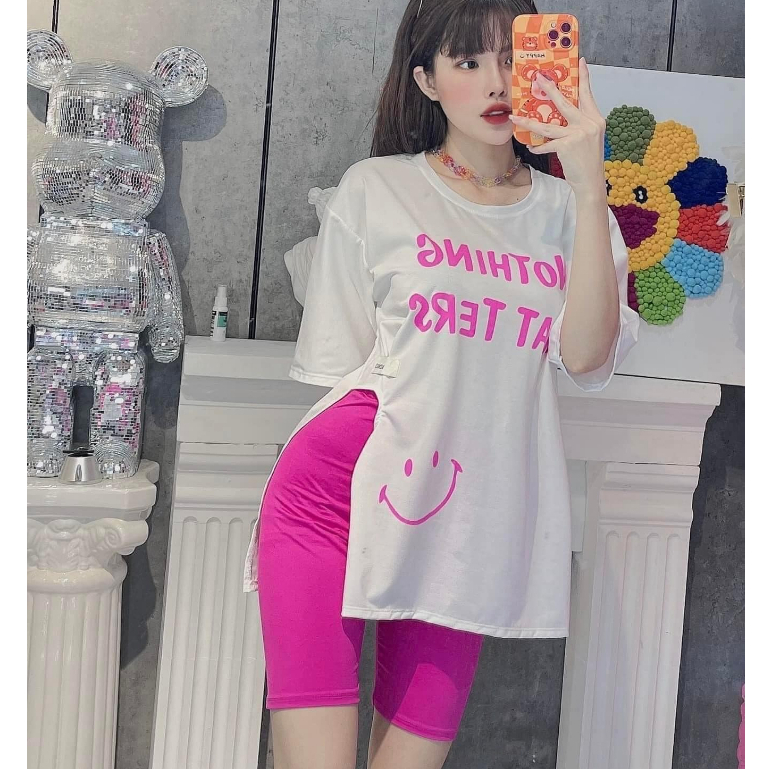 Đồ bộ nữ, set đồ bộ ngố quần lửng thun gân và áo thun cotton ngắn tay xẻ lai form rộng, quần áo nữ, đồ mặc ở nhà nữ