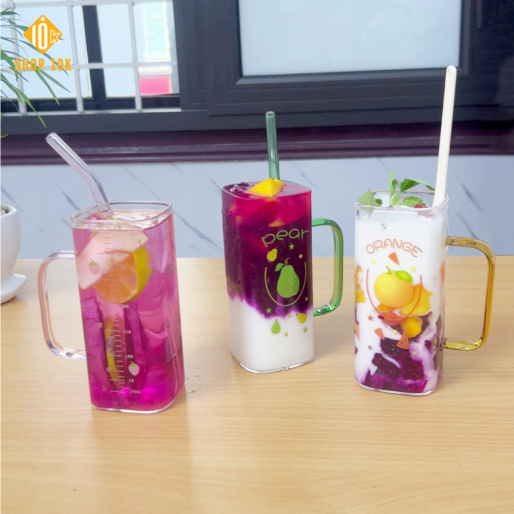 Ly cốc thủy tinh chịu nhiệt kèm nắp gỗ và ống hút, cốc đựng nước hoa quả đáng yêu -Shop10K - SP005362