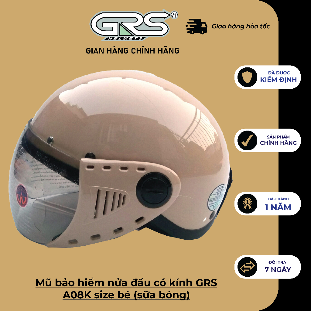 Mũ bảo hiểm nửa đầu có kính GRS A08K size bé (màu sữa bóng)