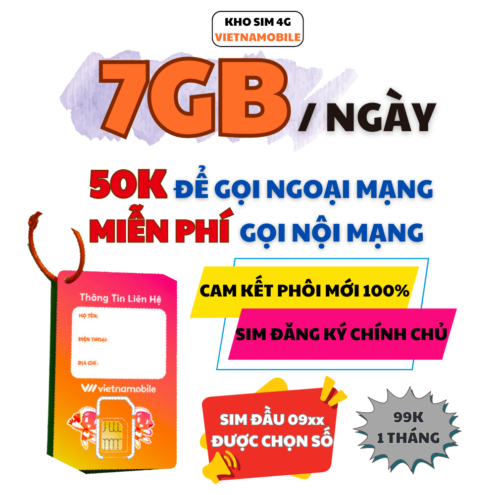 Sim 4G Vietnamobile siêu ưu đãi Data 210GB/tháng tốc độ cao, Đầu 09, Tặng 50p ngoại mạng, Miễn phí nội mạng.