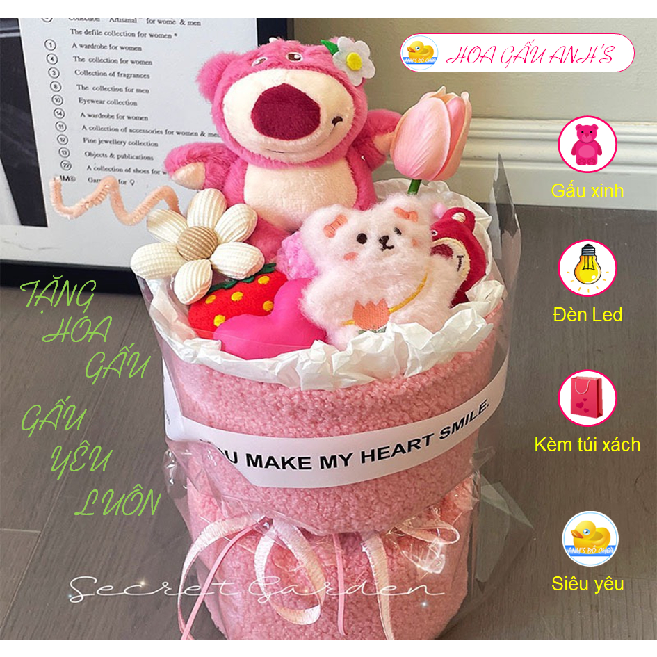 Bó hoa gấu dâu bông kèm led và túi quà tặng dễ thương