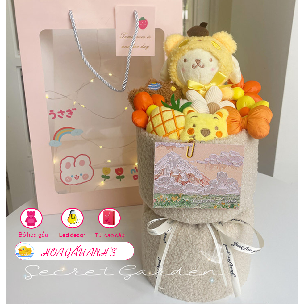 Bó hoa gấu dâu bông kèm led và túi quà tặng dễ thương