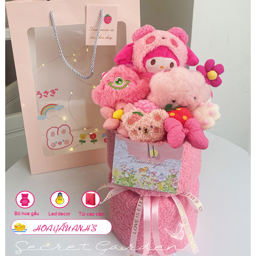 Bó hoa gấu dâu bông kèm led và túi quà tặng dễ thương