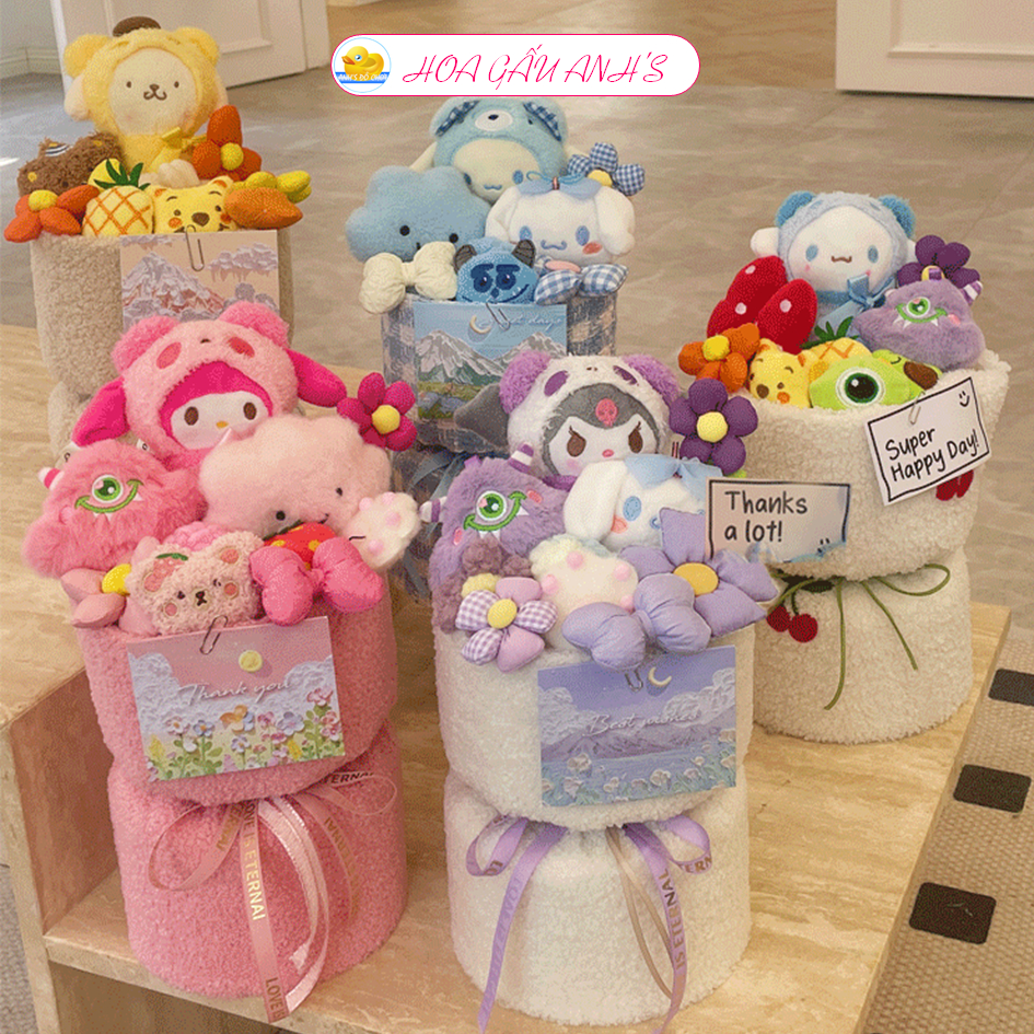 Bó hoa gấu dâu bông kèm led và túi quà tặng dễ thương