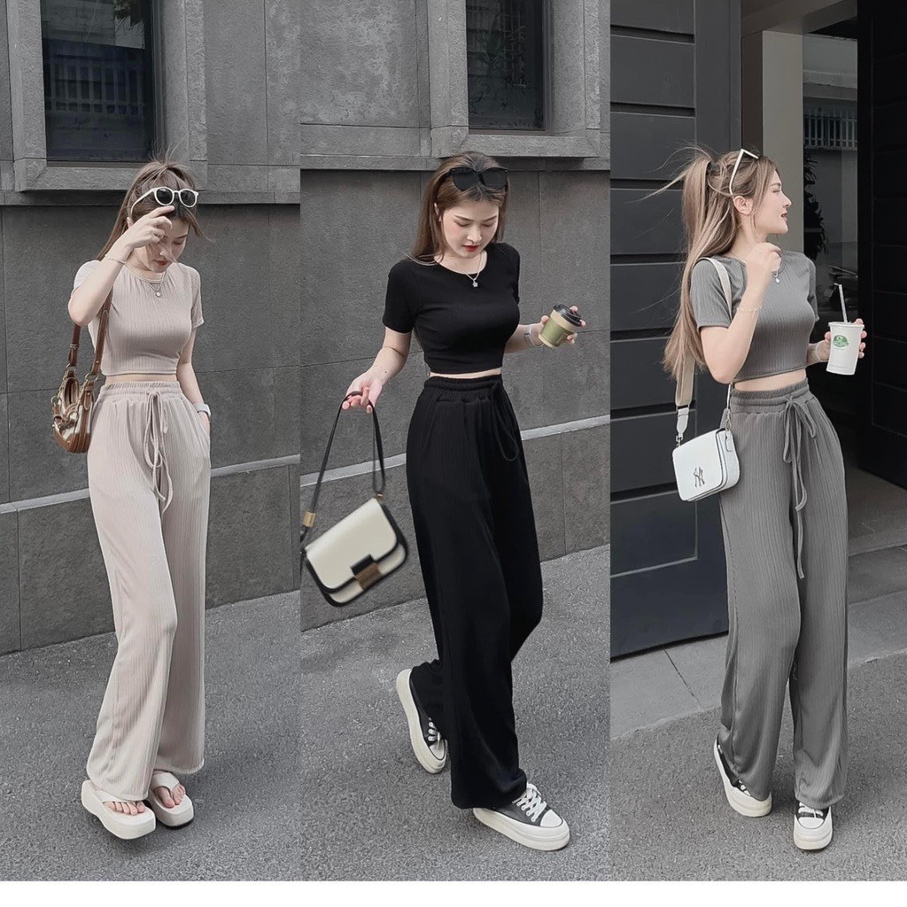 Bộ thun tăm quần dài áo croptop hở lưng ,set áo thun crt khoét lưng mix quần ông suông chất thun tăm mềm mát