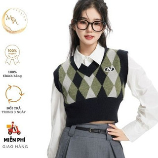 Gile nữ ulzzang họa tiết phối màu hình trám -Áo len ghi lê kiểu hàn form vừa basic dành cho mọi cô gái