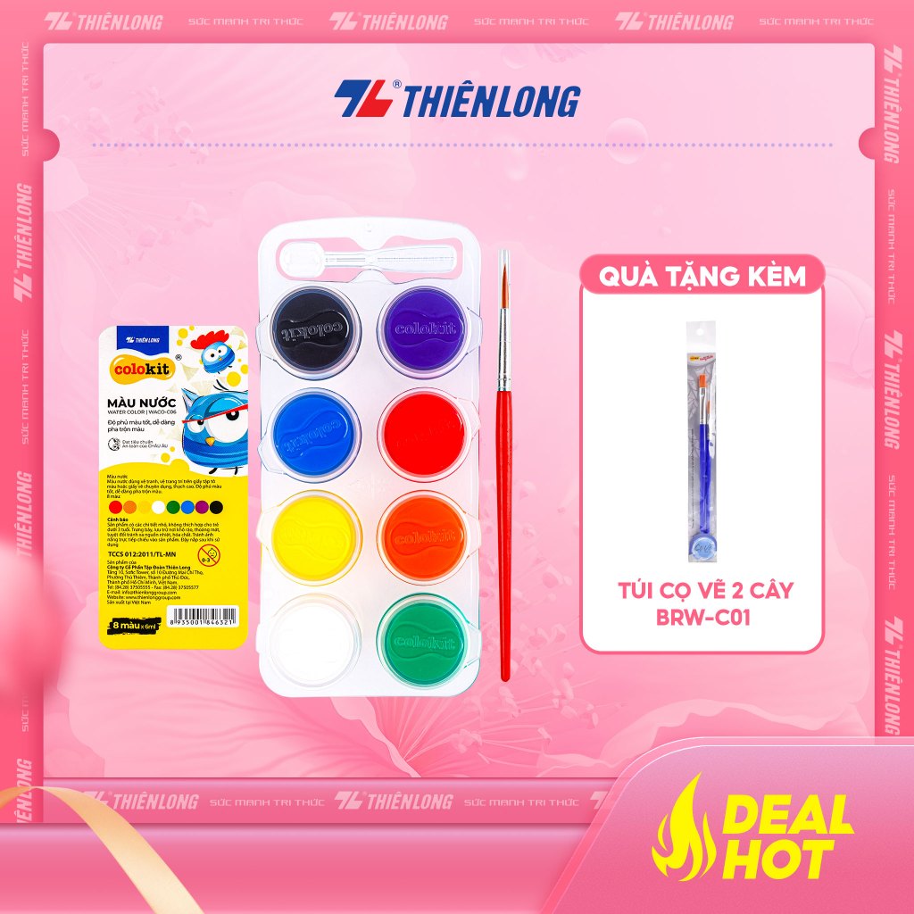 Màu nước Thiên Long Colokit 8 màu chuyên dụng, độ phủ tốt, dễ dàng pha trộn - Tặng kèm cọ + muỗng lấy màu WACO-C06