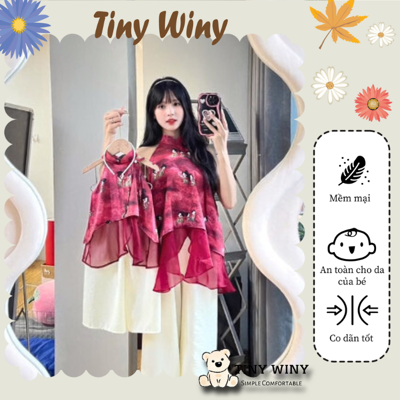 Bộ Yếm Lụa họa tiết Hoa Lá Màu đỏ cho Bé Gái chất lụa mềm mại, Yếm trung thu