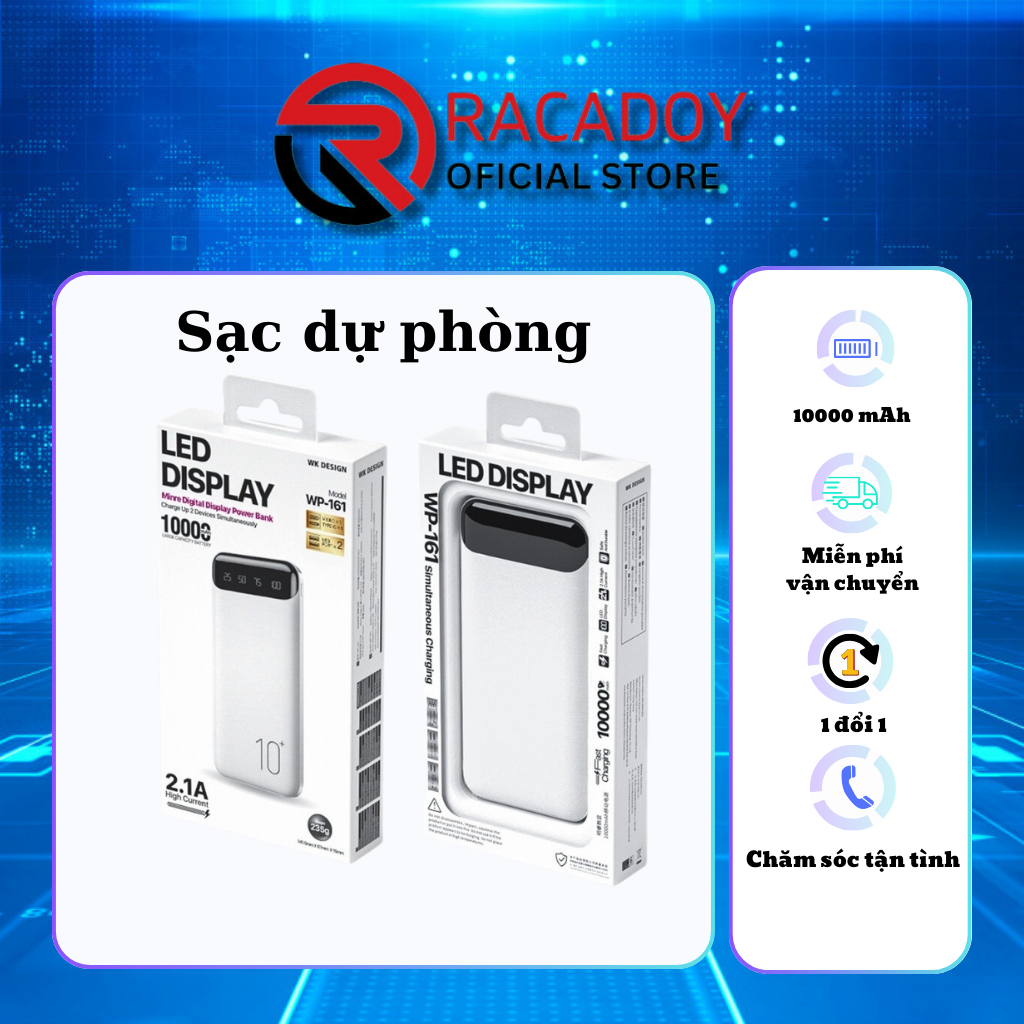 Pin Sạc Dự Phòng l 10000mAh - 20000mAh WK DESIGN WP-161, Sạc Nhanh 2.1A - Bảo Hành 1 1 - Racadoy